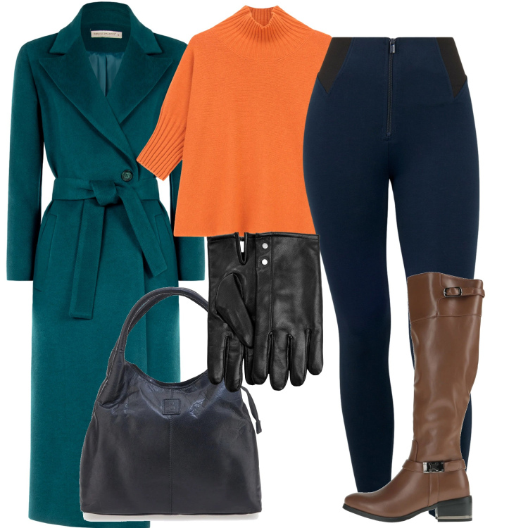 Outfit donna - Total Look. Stile Casual per Tutti i giorni. Abbinamento con stivali, guanti, maglieria, cappotti, pantaloni skinny, borse a mano.