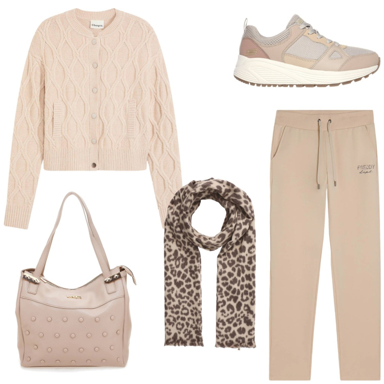 Outfit donna - Neutral colors. Stile Casual chic per Tutti i giorni. Abbinamento con cardigans, sciarpe, pantaloni, sneakers, shopping bag.