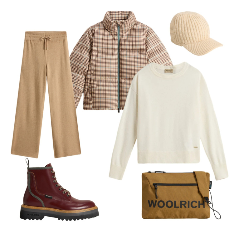 Outfit donna - Comodi al caldo. Stile Casual chic per Tutti i giorni. Abbinamento con borse a tracolla, piumini, anfibi, pantaloni, maglieria, cappelli.