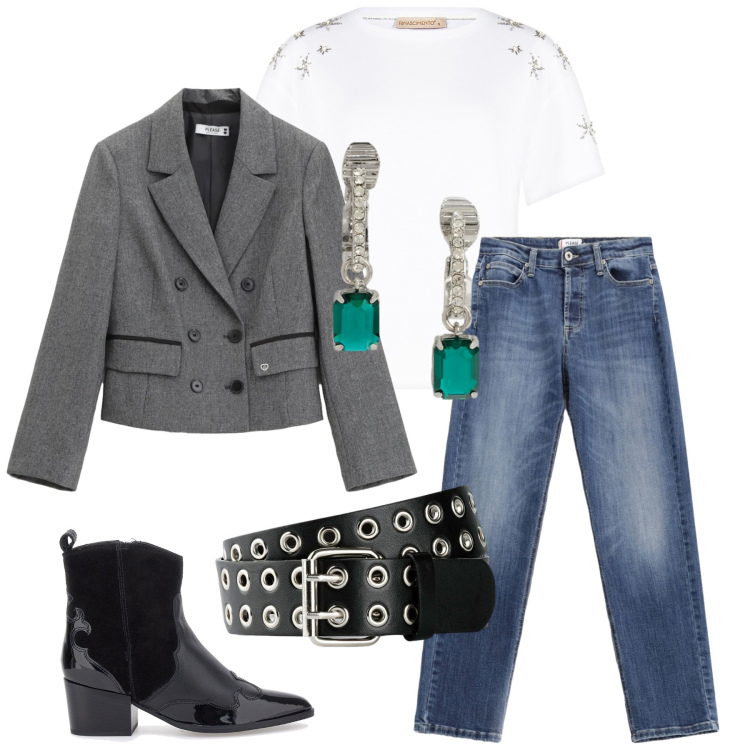 Outfit donna - Total look #2320536. Stile Minimal per Ufficio. Abbinamento con cinture, t-shirt, jeans, blazer, orecchini, stivaletti texani.