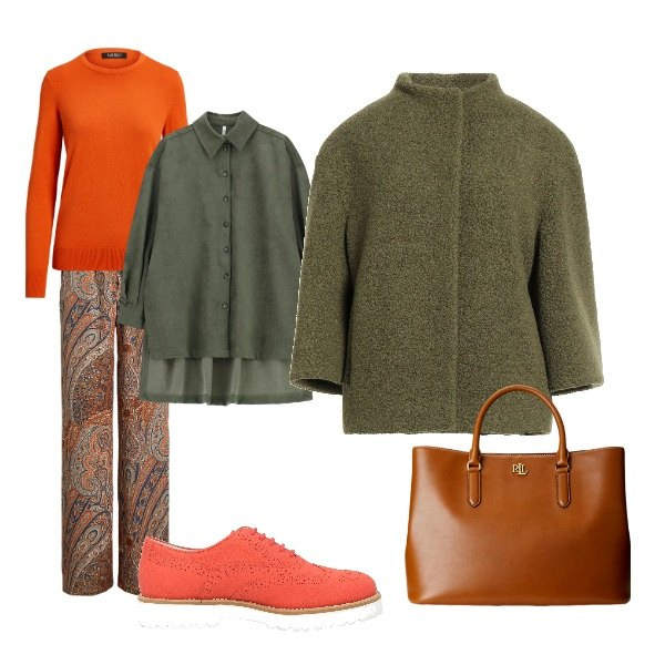 Outfit donna - un giorno qualunque. Stile Urban per Tutti i giorni. Abbinamento con scarpe stringate, cappotti, camicie, maglieria, borse a mano, pantaloni.