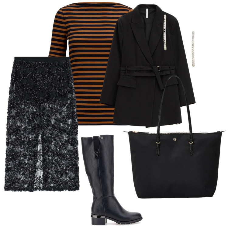 Outfit donna - Stivali al ginocchio. per Tutti i giorni. Abbinamento con gonne longuette, blazer, borse tote, orecchini, t-shirt, stivali sopra il ginocchio.