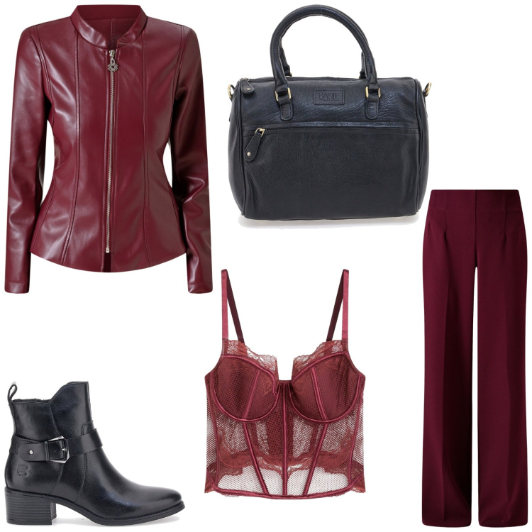 Outfit donna - Sexy in Total look bordeaux. Stile Sexy per Serata fuori. Abbinamento con bralette, pantaloni a palazzo, blazer, stivali sopra il ginocchio, borse a tracolla.