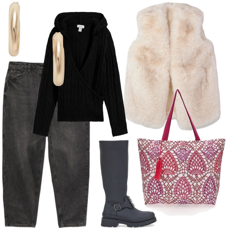 Outfit donna - Stivali al ginocchio. per Tutti i giorni. Abbinamento con pullovers, piumini, orecchini, jeans mom, stivali, shopping bag.