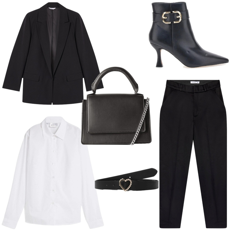 Outfit donna - Minimal chic. Stile Mannish per Serata fuori. Abbinamento con camicie, pantaloni chino, borse a tracolla, cinture, blazer, stivaletti.