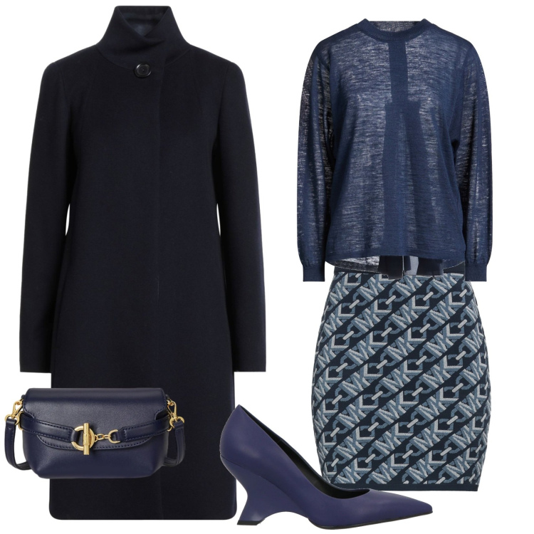 Outfit donna - Classe in blu. Stile Chic per Serata fuori. Abbinamento con décolleté, pullovers, minigonne, cappotti, borse a tracolla.