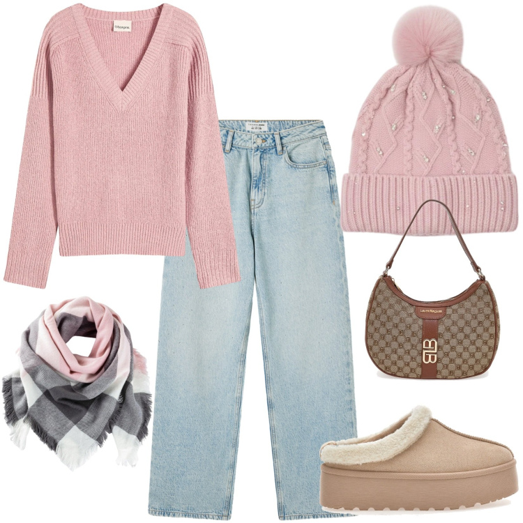 Outfit donna - Total look #2320569. Stile Basic per Tutti i giorni. Abbinamento con foulard, maglieria, jeans, berretti, borse a spalla, stivaletti.