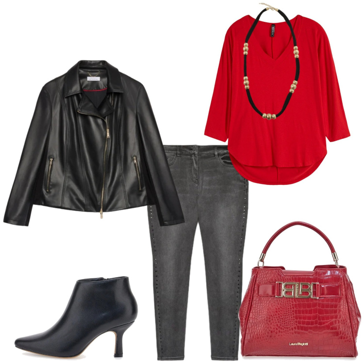 Outfit donna - Total look #2320573. Stile Chic per Tutti i giorni. Abbinamento con maglieria, collane, giacche, stivaletti, jeans skinny, borse a mano.