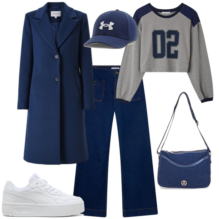 Outfit donna - Trendy ogni giorno ufficio tempo libero. Stile Trendy per Tutti i giorni. Abbinamento con jeans, t-shirt, cappotti, sneakers, borse a tracolla, cappelli.