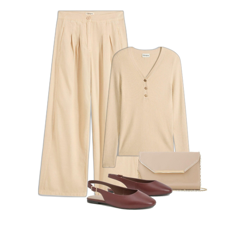 Outfit femme - Minimal Spring. Style Minimal pour Tous les jours. Assortir avec pantalon , pulls, pochette, ballerines.