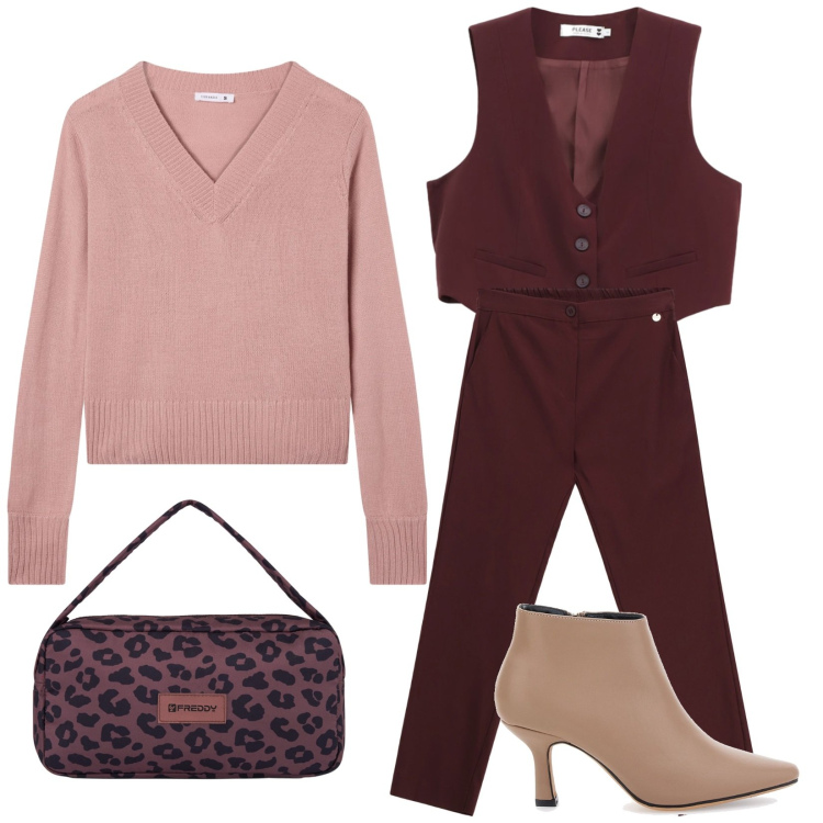 Outfit donna - Nuovo stile. Stile Trendy per Tutti i giorni. Abbinamento con maglieria, gilet, pantaloni, borse a spalla, stivaletti.