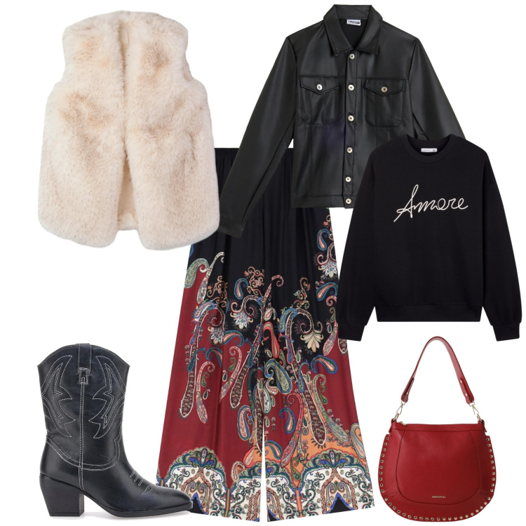 Outfit donna - Boho rock serata evento. Stile Boho per Serata fuori. Abbinamento con felpe, piumini, pantaloni a palazzo, borse a spalla, giacche, stivaletti.