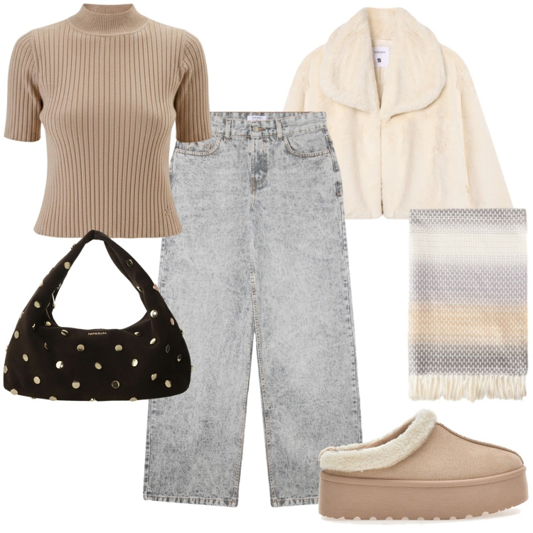 Outfit donna - Total look #2320580. Stile Basic per Tutti i giorni. Abbinamento con jeans boyfriend, ecopellicce, borse a spalla, pullovers, stivaletti, sciarpe.