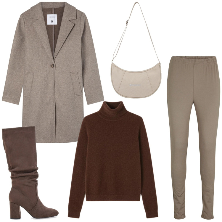 Outfit donna - Urban style. Stile Urban per Tutti i giorni. Abbinamento con leggings, cappotti, borse a spalla, pullovers, stivali sopra il ginocchio.