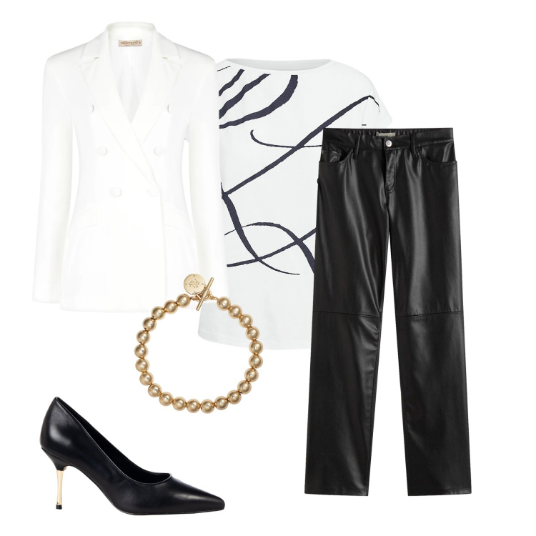 Outfit donna - Urban Chic. Stile Urban per Serata fuori. Abbinamento con pantaloni, maglieria, braccialetti, décolleté, blazer.