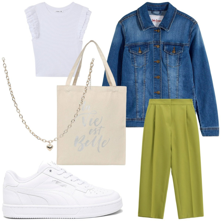 Outfit donna - Total look #2320584. Stile Casual chic per Tutti i giorni. Abbinamento con pantaloni, t-shirt, borse tote, collane, blazer, sneakers.