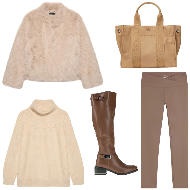 Outfit donna - Winter glam. Stile Chic per Tutti i giorni. Abbinamento con stivali, leggings, borse tote, maglieria, ecopellicce.