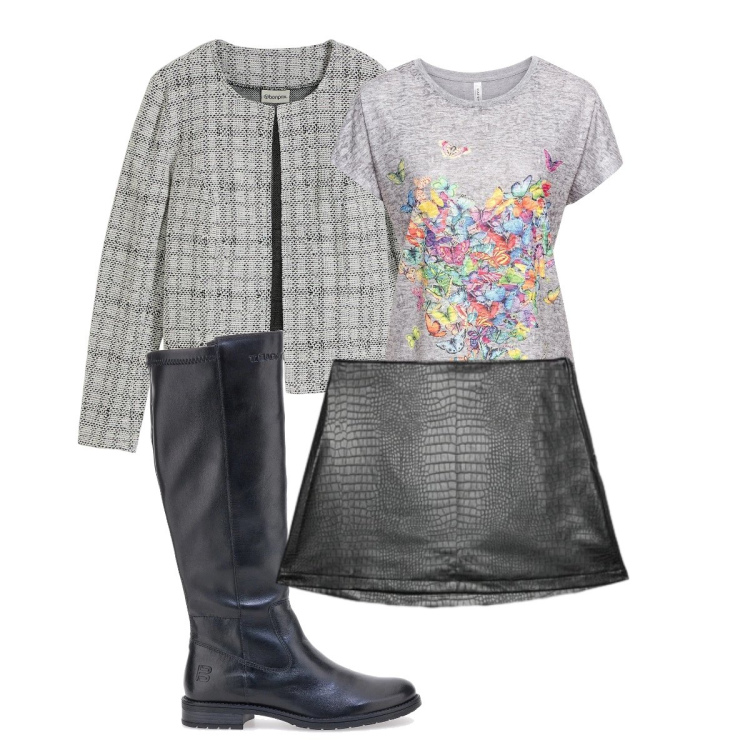 Outfit donna - Stivali protagonisti. Stile Urban per Ufficio. Abbinamento con cardigans, t-shirt, stivali sopra il ginocchio, minigonne.
