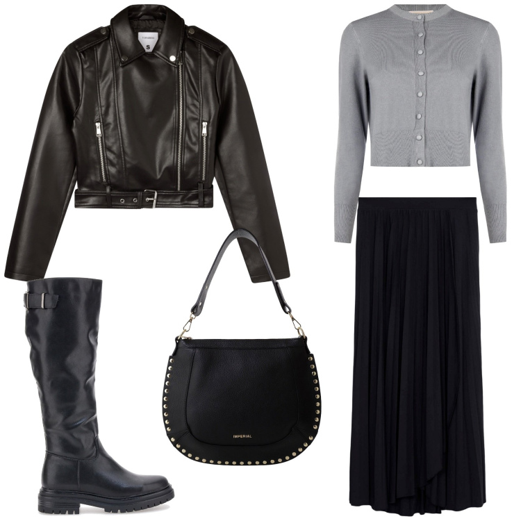 Outfit donna - Urban style. Stile Urban per Tutti i giorni. Abbinamento con gonne lunghe, giacche, cardigans, borse a spalla, stivali sopra il ginocchio.