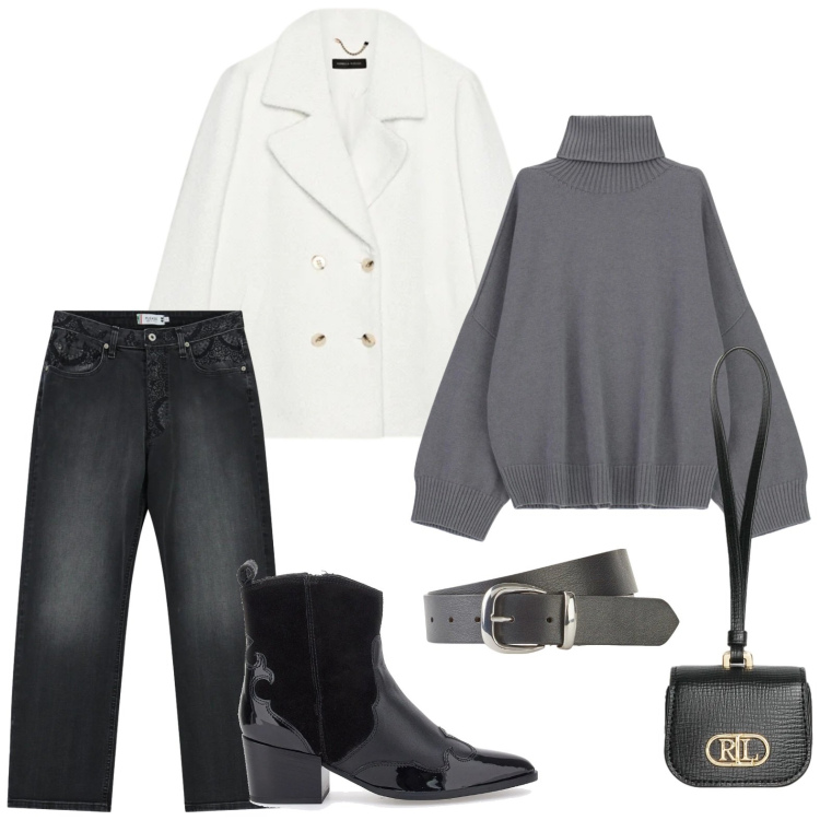 Outfit donna - Gennaio minimal. Stile Sporty chic per Serata fuori. Abbinamento con cinture, jeans dritti, maglieria, pochette, stivaletti texani, caban.