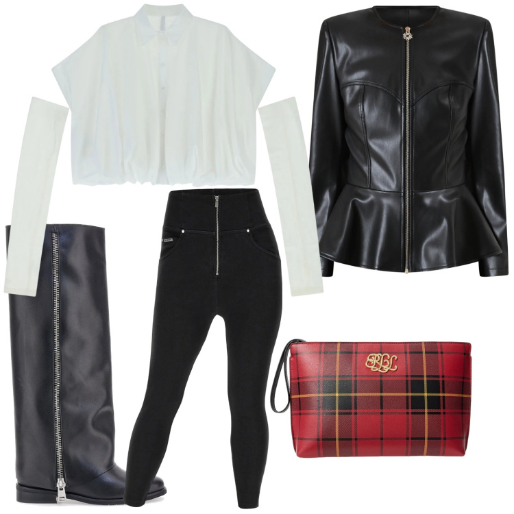 Outfit donna - Passeggiata in città con stivali. Stile Casual per Tutti i giorni. Abbinamento con camicie a manica corta, pantaloni skinny, pochette, giacche, stivali.