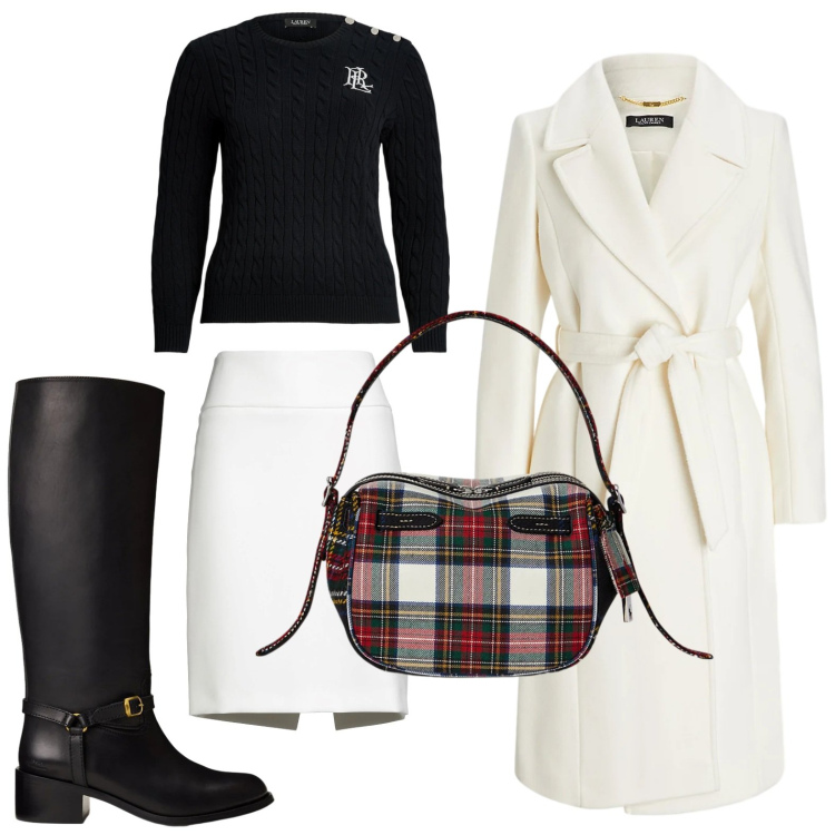 Outfit donna - Passeggiata in città con stivali. Stile Minimal per Tutti i giorni. Abbinamento con minigonne, maglieria, borse a mano, cappotti, stivali.