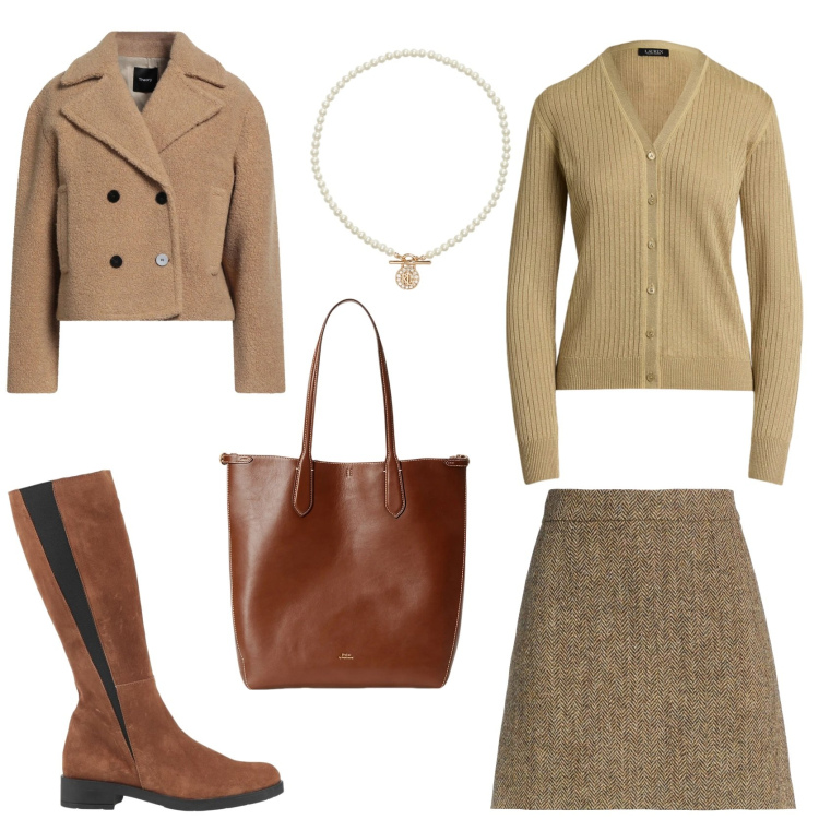 Outfit donna - Bon ton in città. Stile Urban per Tutti i giorni. Abbinamento con minigonne, caban, stivali, ciondoli, borse tote, cardigans.