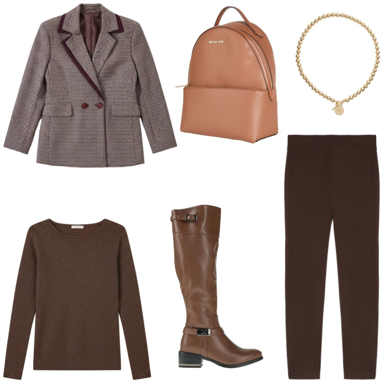 Outfit donna - British style. Stile Sporty chic per Tutti i giorni. Abbinamento con zaini, stivali, blazer, pullovers, collane, leggings.