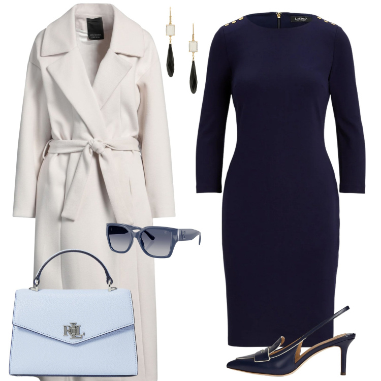 Outfit donna - Total look. Stile Chic per Ufficio. Abbinamento con cappotti, occhiali da sole, vestiti, décolleté, orecchini, borse a mano.