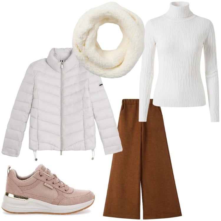 Outfit donna - Gennaio. Stile Casual per Tutti i giorni. Abbinamento con sciarpe, pantaloni, piumini, maglieria, sneakers.