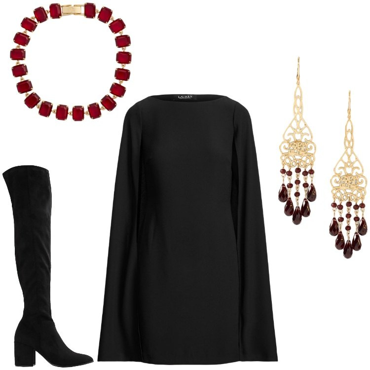 Outfit donna - Come una dea. Stile Chic per Serata fuori. Abbinamento con stivali sopra il ginocchio, vestiti, braccialetti, orecchini.