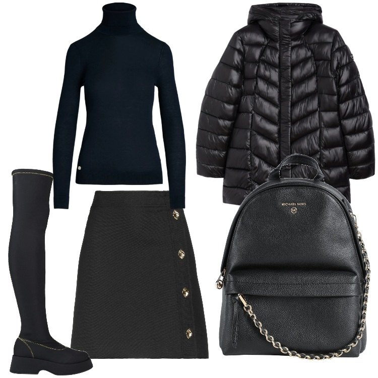 Outfit donna - A lezione. Stile Casual chic per Scuola/Università. Abbinamento con minigonne, zaini, stivali sopra il ginocchio, piumini, maglieria.
