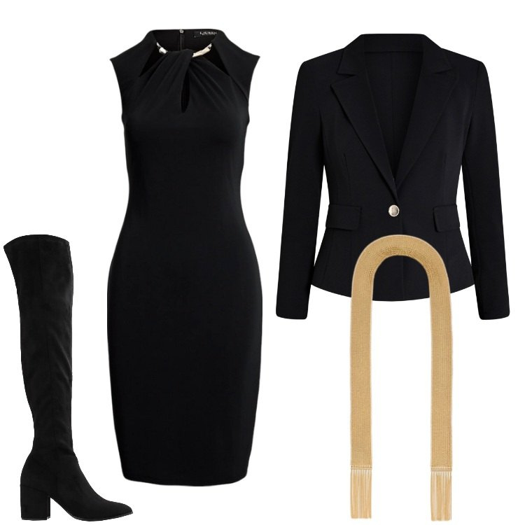 Outfit donna - Nero chic. Stile Chic per Serata fuori. Abbinamento con stivali sopra il ginocchio, collane, vestiti, blazer.