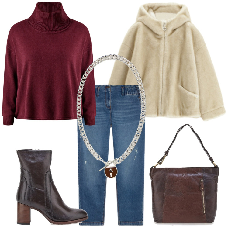 Outfit donna - Total look #2320635. Stile Minimal per Tutti i giorni. Abbinamento con blazer, ciondoli, maglieria, jeans strappati, stivaletti, borse a spalla.