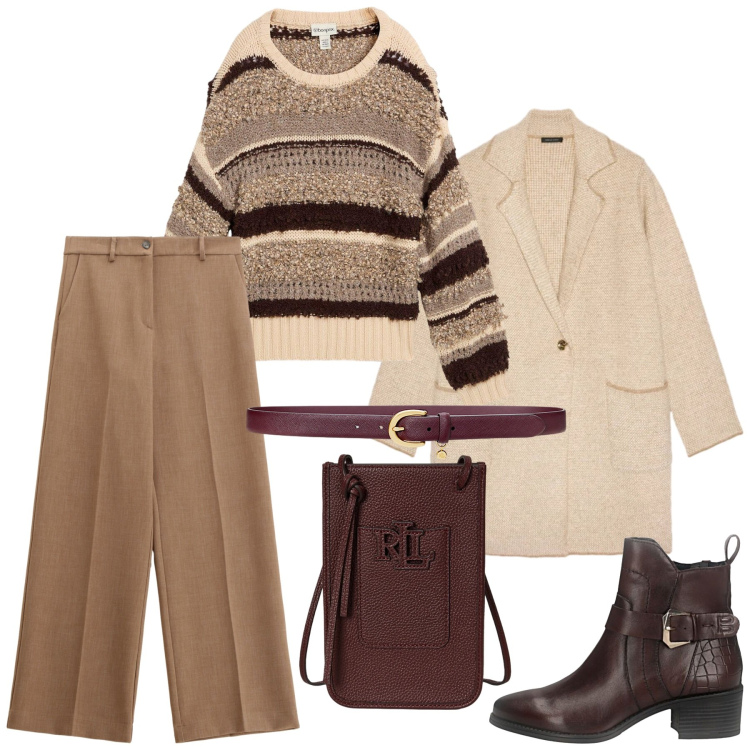 Outfit donna - Total look #2320642. Stile Minimal per Tutti i giorni. Abbinamento con maglieria, pantaloni, cinture, borse a tracolla, stivaletti, cardigans.