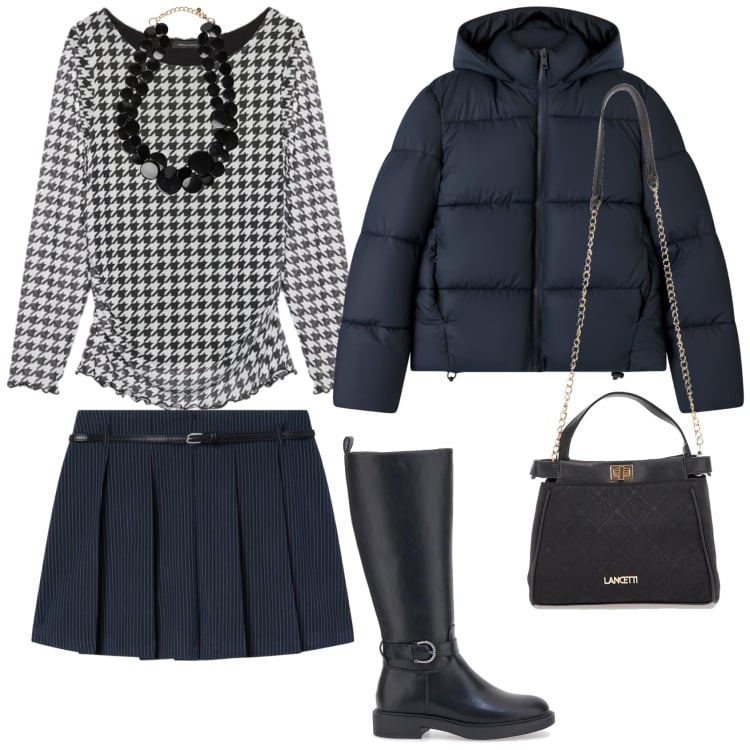 Outfit donna - Total look #2320652. Stile Casual chic per Tutti i giorni. Abbinamento con bomber, minigonne, bluse, stivali sopra il ginocchio, collane, borse a tracolla.