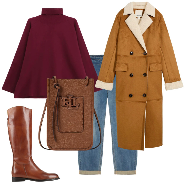 Outfit donna - Total look #2320654. Stile Minimal per Tutti i giorni. Abbinamento con cappotti, stivali, maglieria, borse a tracolla, jeans.