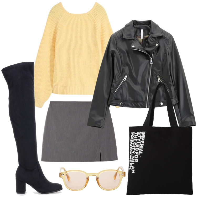 Outfit donna - Passeggiata in città con stivali. Stile Minimal per Tutti i giorni. Abbinamento con maglieria, minigonne, occhiali da sole, blazer, shopping bag, stivali.