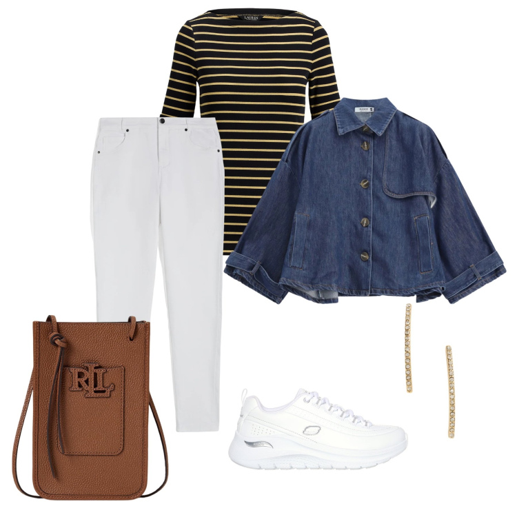 Outfit donna - Golden Stripes. Stile Preppy per Tutti i giorni. Abbinamento con blazer, pantaloni skinny, orecchini, borse a tracolla, t-shirt, sneakers.