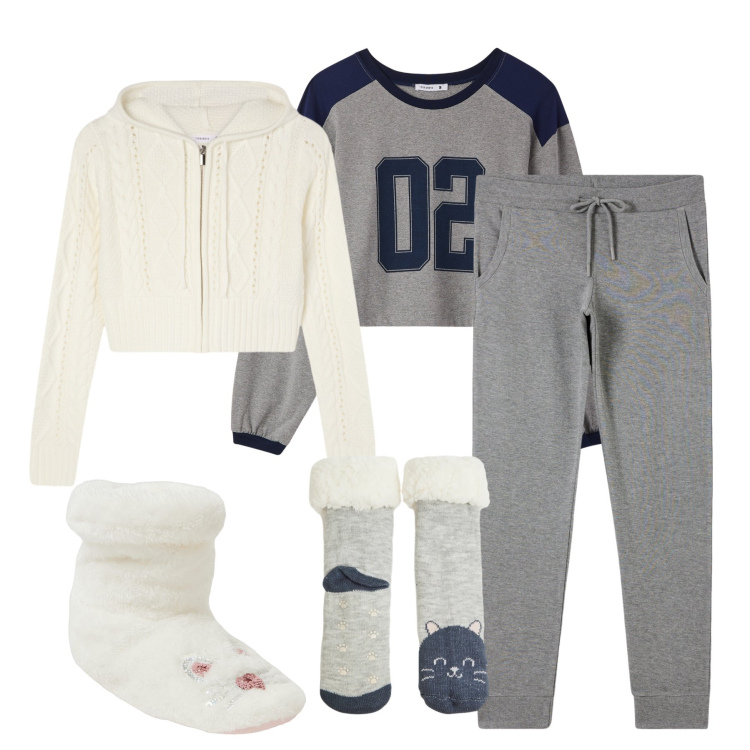 Outfit donna - Grey Comfort. Stile Casual per Tutti i giorni. Abbinamento con t-shirt, pantaloni, cardigans, pantofole, calzini.