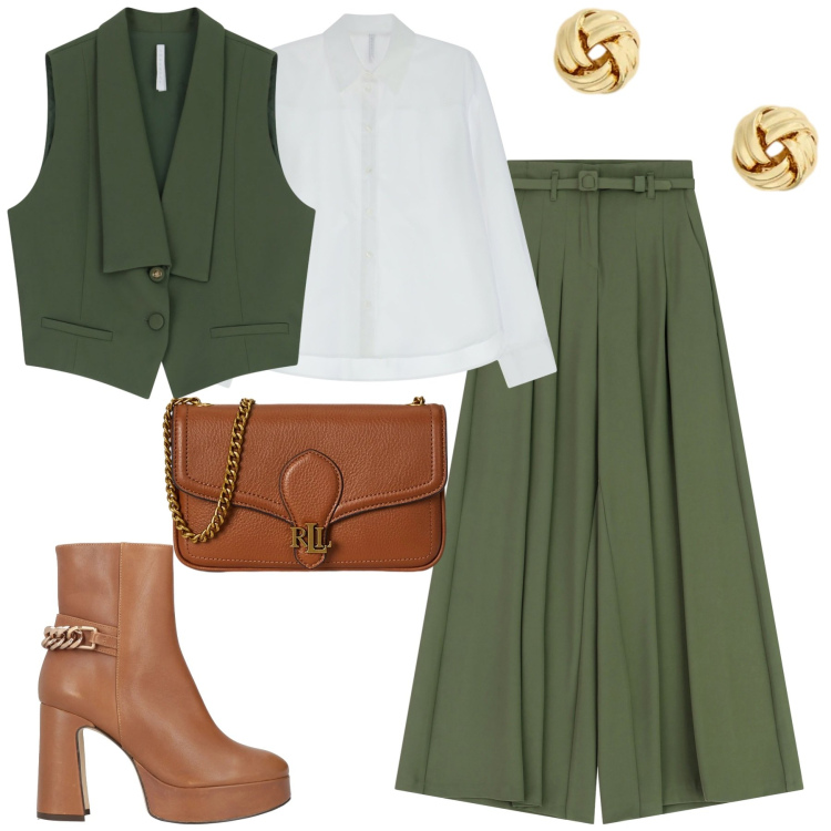 Outfit donna - City. Stile Urban per Tutti i giorni. Abbinamento con stivaletti, pantaloni a palazzo, camicie, gilet, orecchini, clutch.