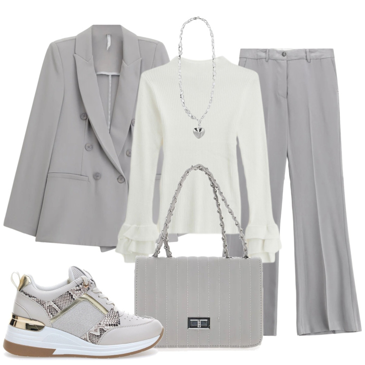 Outfit donna - Comfort Elegante. Stile Casual chic per Tutti i giorni. Abbinamento con pantaloni, maglieria, blazer, sneakers, borse a tracolla, collane.