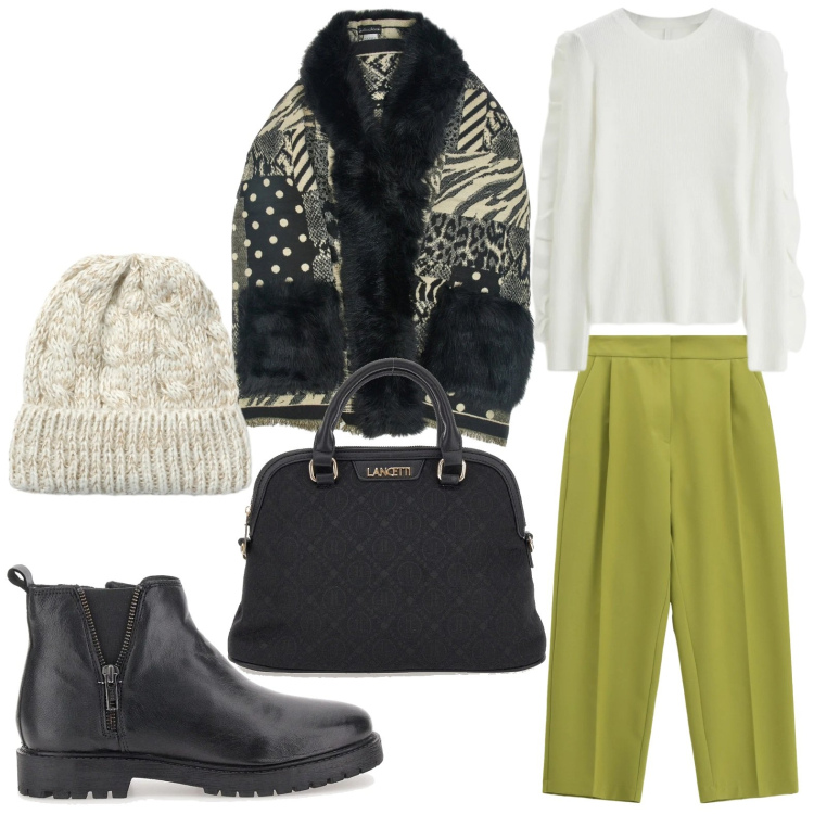 Outfit donna - La mantella effetto pelliccia. Stile Casual per Tutti i giorni. Abbinamento con berretti, pantaloni, maglieria, stivaletti, borse a spalla, cappe.