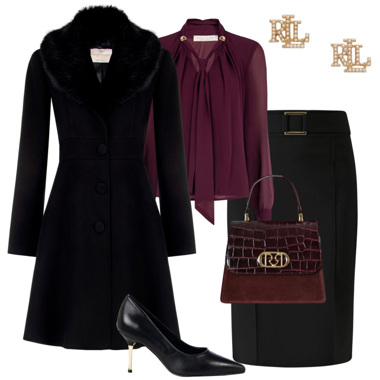 Outfit donna - Chic. Stile Chic per Tutti i giorni. Abbinamento con orecchini, bluse, cappotti, décolleté, gonne, borse a mano.