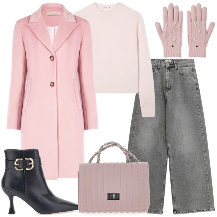 Outfit donna - Gennaio in rosa. Stile Casual chic per Ufficio. Abbinamento con maglieria, jeans, cappotti, guanti, borse a tracolla, stivaletti.