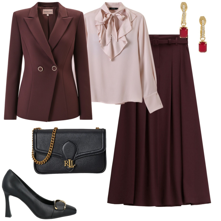 Outfit donna - Elegante. Stile Chic per Tutti i giorni. Abbinamento con décolleté, gonne lunghe, orecchini, clutch, bluse, blazer.