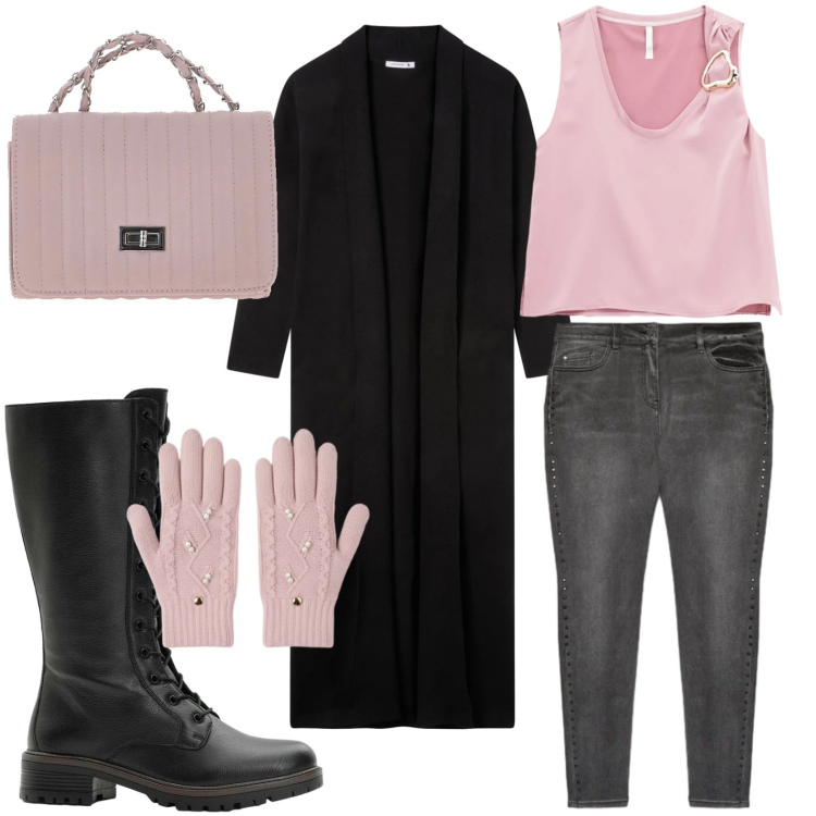 Outfit donna - Stile contemporaneo. Stile Chic per Tutti i giorni. Abbinamento con stivali, cardigans, tuta corta, guanti, jeans skinny, borse a tracolla.