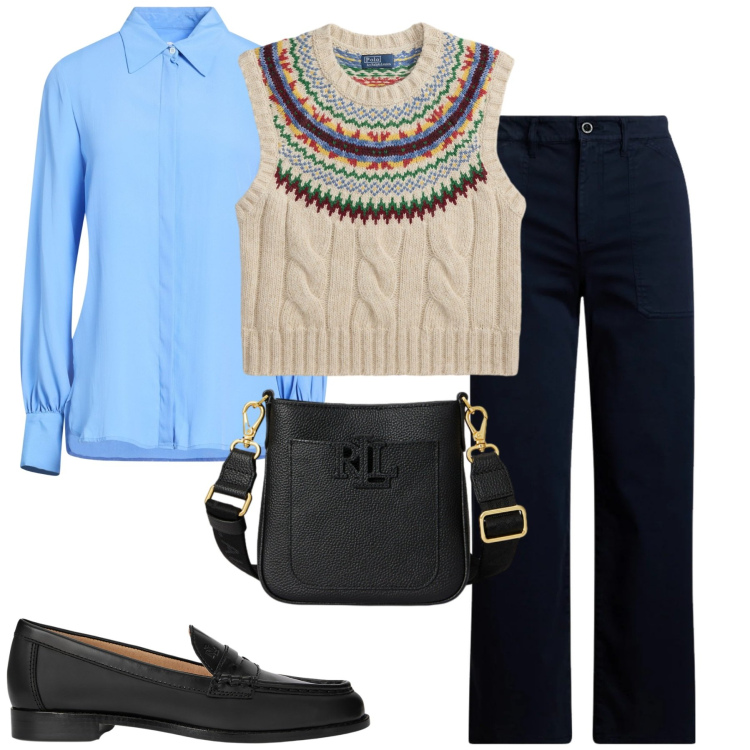 Outfit donna - Lauren. Stile Casual chic per Tutti i giorni. Abbinamento con camicie, borse a tracolla, pantaloni, mocassini, maglieria.