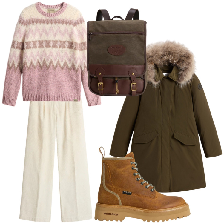 Outfit donna - Caldo inverno. Stile Casual per Tutti i giorni. Abbinamento con zaini, parka, anfibi, maglieria, pantaloni.