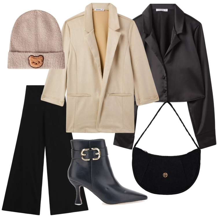 Outfit donna - Casual e moderna. Stile Casual per Serata fuori. Abbinamento con blazer, camicie, berretti, pantaloni a palazzo, borse a mano, stivaletti.